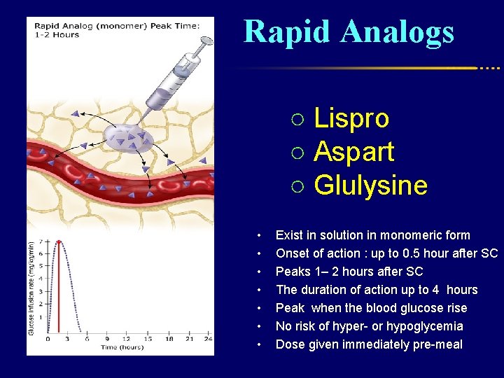  Rapid Analogs ○ Lispro ○ Aspart ○ Glulysine • • Exist in solution