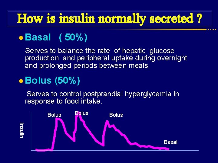 How is insulin normally secreted ? l Basal ( 50%) Serves to balance the