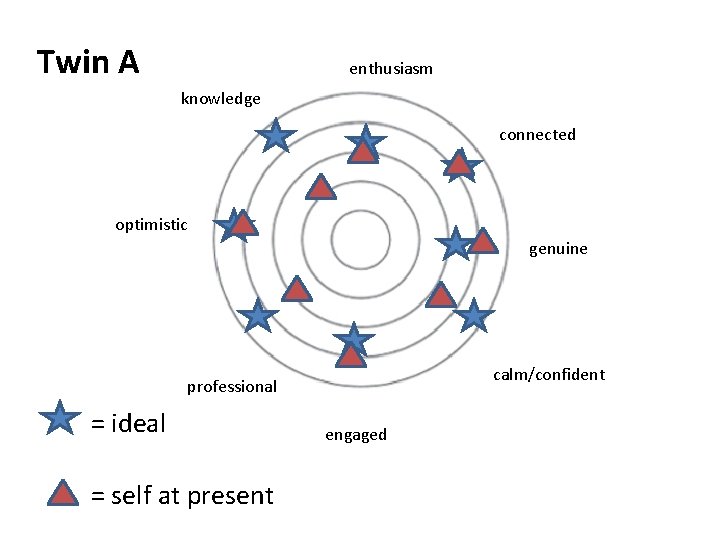 Twin A enthusiasm knowledge connected optimistic genuine calm/confident professional = ideal = self at