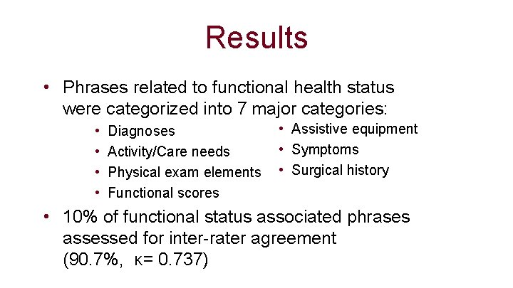 Results • Phrases related to functional health status were categorized into 7 major categories:
