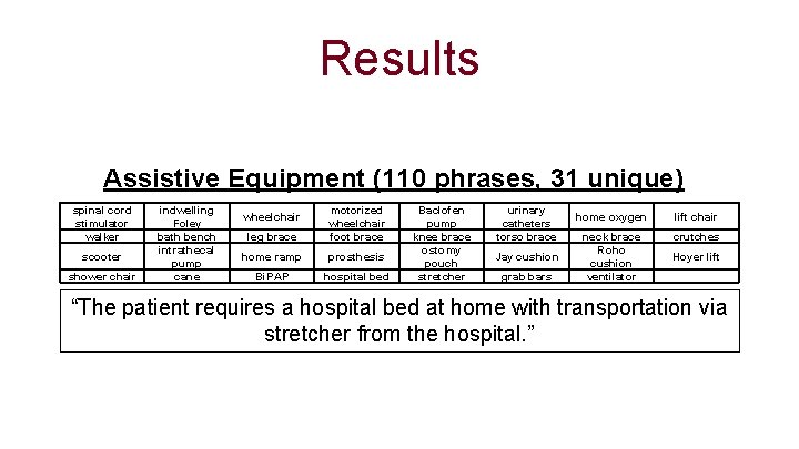 Results Assistive Equipment (110 phrases, 31 unique) spinal cord stimulator walker scooter shower chair