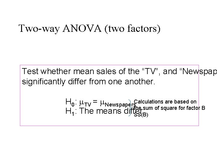 Two-way ANOVA (two factors) Test whether mean sales of the “TV”, and “Newspap significantly