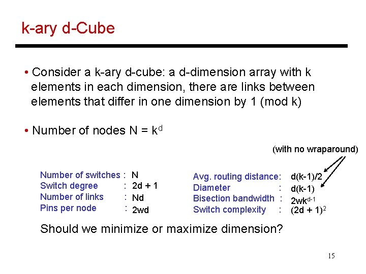 k-ary d-Cube • Consider a k-ary d-cube: a d-dimension array with k elements in