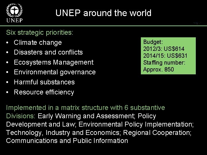 UNEP around the world Six strategic priorities: • Climate change • Disasters and conflicts