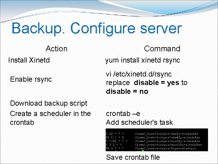 Backup. Configure server Action Command Install Xinetd yum install xinetd rsync Enable rsync vi