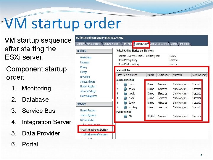 VM startup order VM startup sequence after starting the ESXi server. Component startup order: