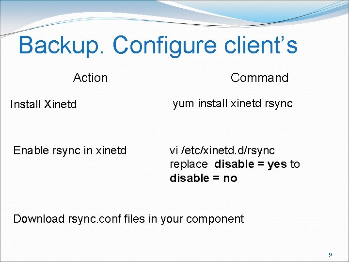 Backup. Configure client’s Action Command Install Xinetd yum install xinetd rsync Enable rsync in