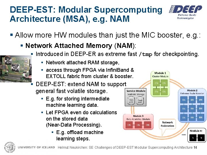 DEEP-EST: Modular Supercomputing Architecture (MSA), e. g. NAM § Allow more HW modules than