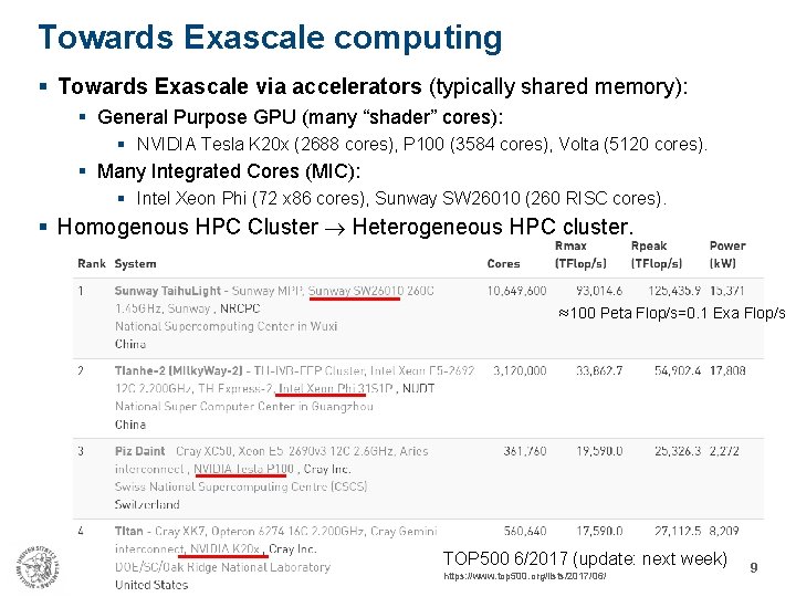 Towards Exascale computing § Towards Exascale via accelerators (typically shared memory): § General Purpose