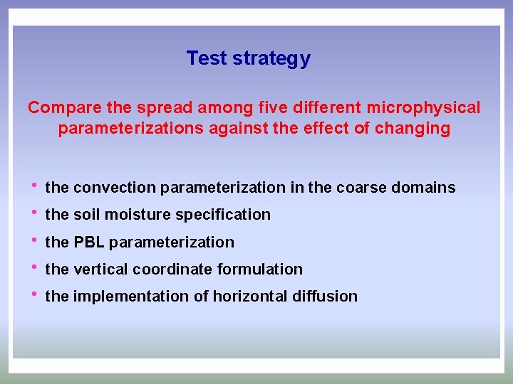 Test strategy Compare the spread among five different microphysical parameterizations against the effect of
