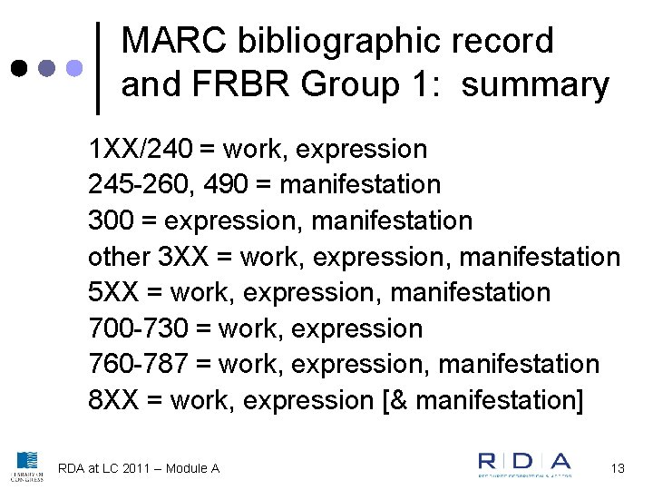 MARC bibliographic record and FRBR Group 1: summary 1 XX/240 = work, expression 245