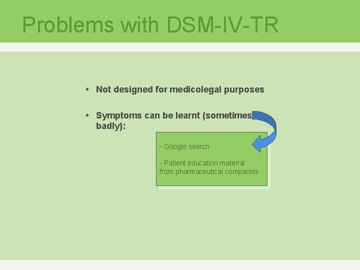 Problems with DSM-IV-TR w Not designed for medicolegal purposes w Symptoms can be learnt