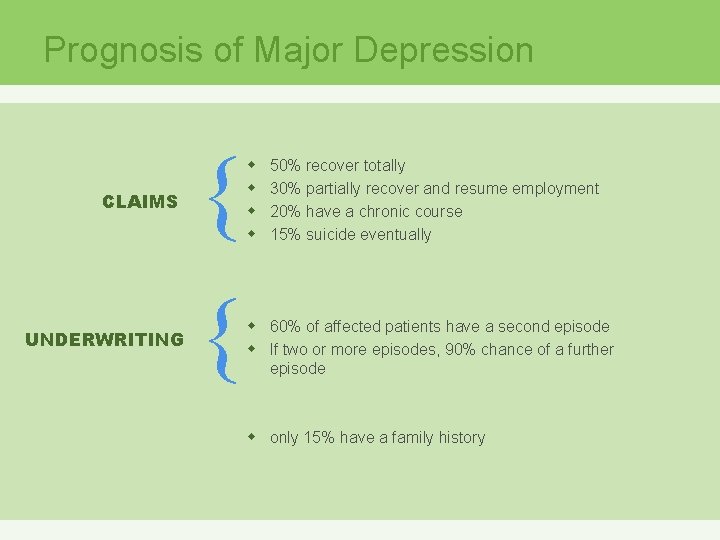 Prognosis of Major Depression CLAIMS UNDERWRITING { { w w 50% recover totally 30%
