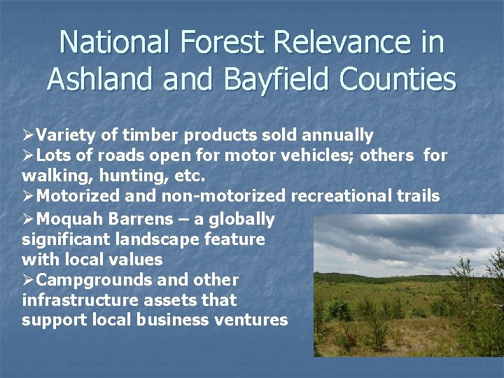 National Forest Relevance in Ashland Bayfield Counties ØVariety of timber products sold annually ØLots