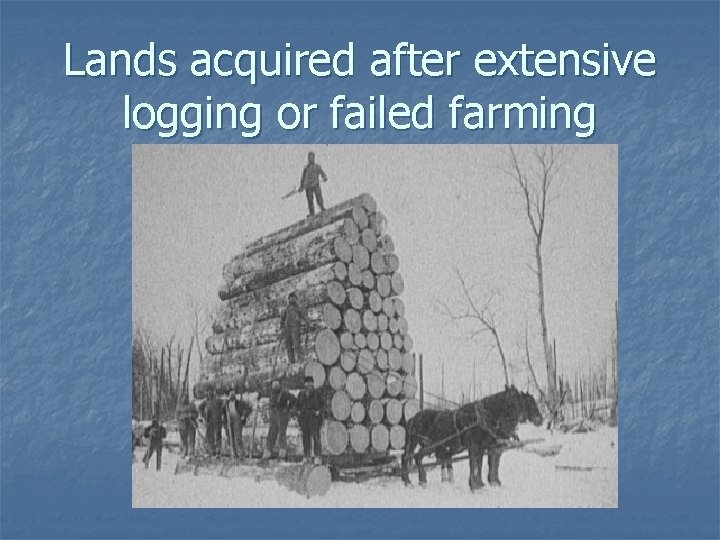 Lands acquired after extensive logging or failed farming 