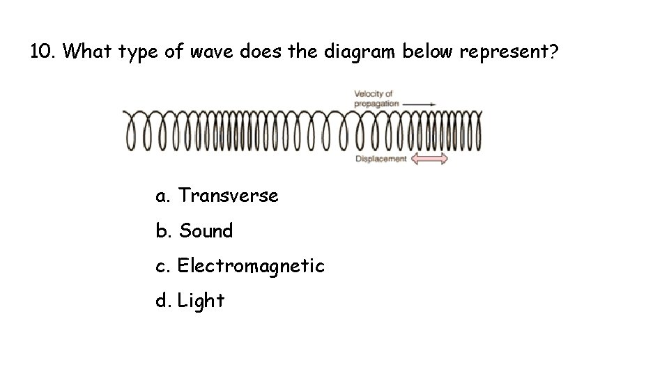 10. What type of wave does the diagram below represent? a. Transverse b. Sound 10. What type of wave does the diagram below represent? a. Transverse b. Sound