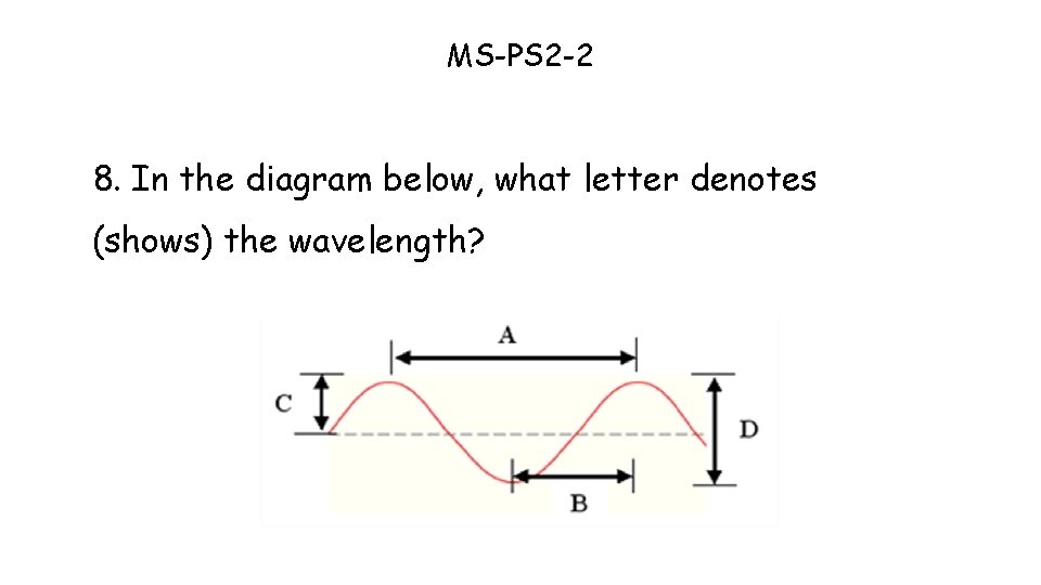 MS-PS 2 -2 8. In the diagram below, what letter denotes (shows) the wavelength? MS-PS 2 -2 8. In the diagram below, what letter denotes (shows) the wavelength?