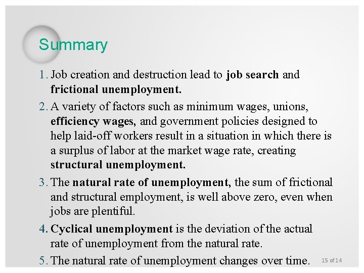 Summary 1. Job creation and destruction lead to job search and frictional unemployment. 2.