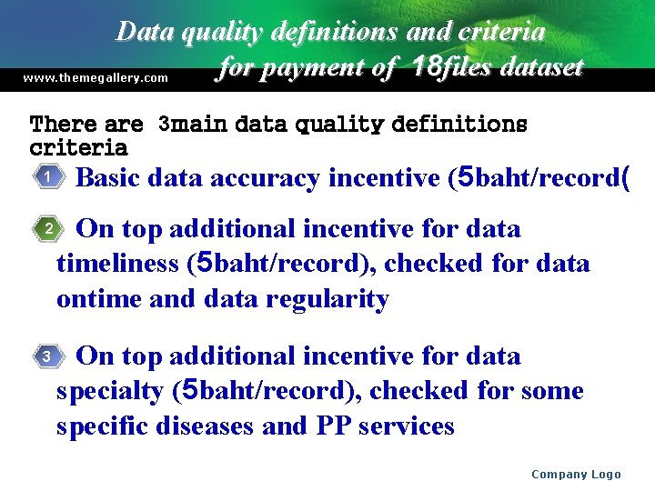 Data quality definitions and criteria for payment of 18 files dataset www. themegallery. com