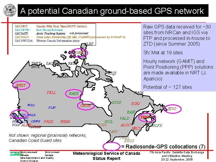 A potential Canadian ground-based GPS network CACS/RT: CACS/PGR: CACS/ATS: CACS/GLP: CACS/WCDA: Raw GPS data