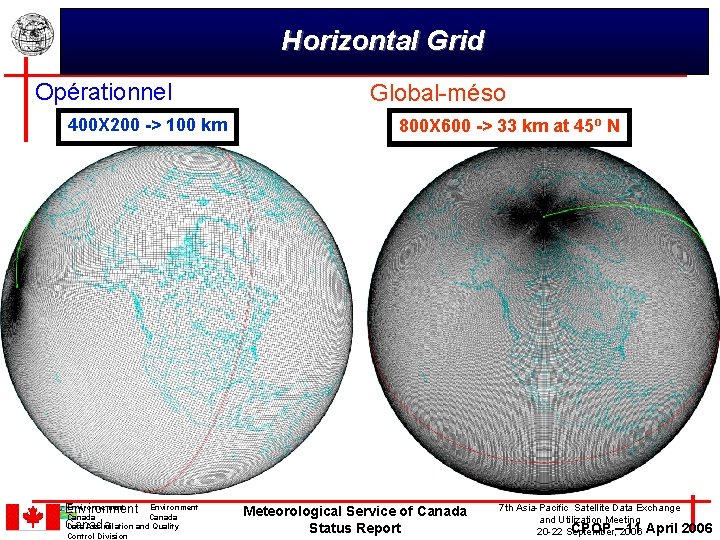 Horizontal Grid Opérationnel 400 X 200 -> 100 km Environnement Environment Canada Data Assimilation