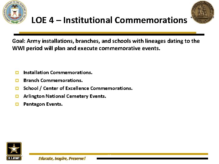 LOE 4 – Institutional Commemorations www. oaa. army. mil Goal: Army installations, branches, and