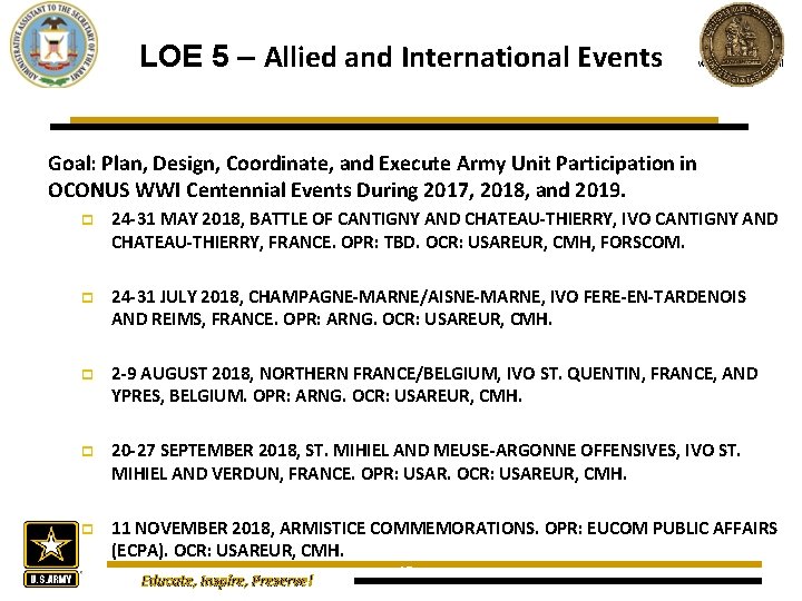 LOE 5 – Allied and International Events www. oaa. army. mil Goal: Plan, Design,