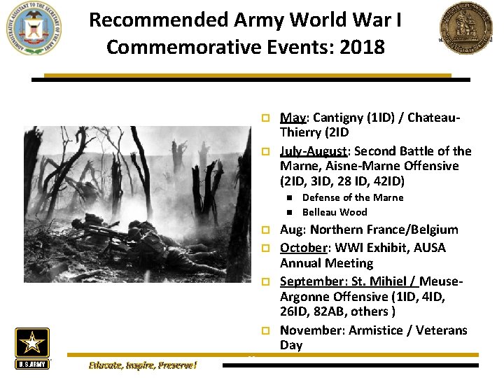 Recommended Army World War I Commemorative Events: 2018 p p May: Cantigny (1 ID)