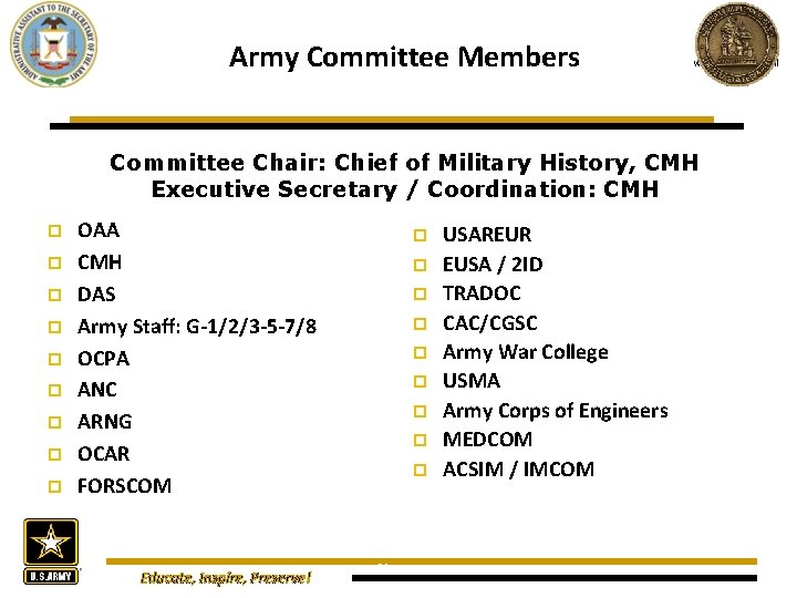 Army Committee Members www. oaa. army. mil Committee Chair: Chief of Military History, CMH