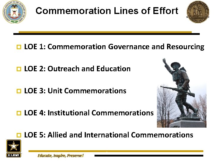 Commemoration Lines of Effort www. oaa. army. mil p LOE 1: Commemoration Governance and