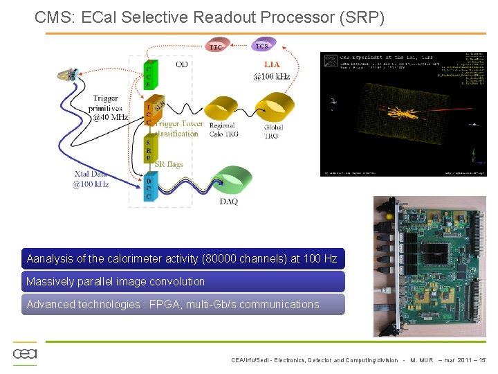 CMS: ECal Selective Readout Processor (SRP) Aanalysis of the calorimeter activity (80000 channels) at