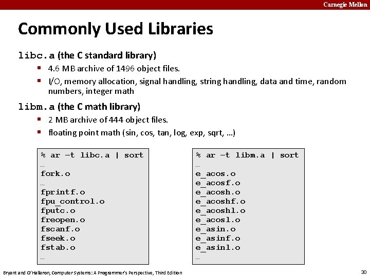 Carnegie Mellon Commonly Used Libraries libc. a (the C standard library) § 4. 6