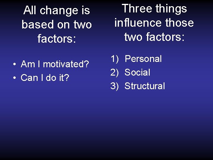 All change is based on two factors: • Am I motivated? • Can I
