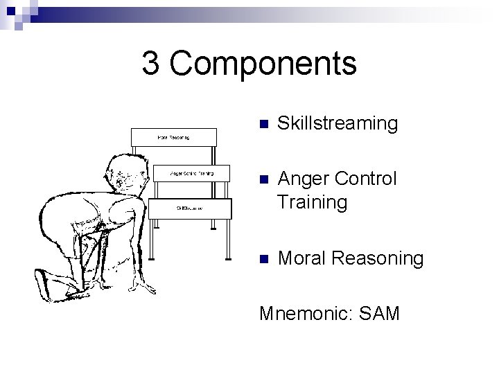 3 Components n Skillstreaming n Anger Control Training n Moral Reasoning Mnemonic: SAM 
