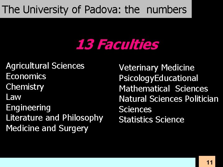 The University of Padova: the numbers 13 Faculties Agricultural Sciences Economics Chemistry Law Engineering