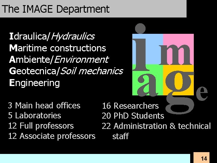 The IMAGE Department Idraulica/Hydraulics Maritime constructions Ambiente/Environment Geotecnica/Soil mechanics Engineering ia ge m 3