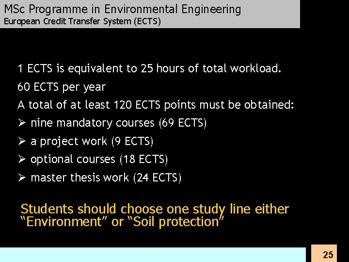 MSc Programme in Environmental Engineering European Credit Transfer System (ECTS) 1 ECTS is equivalent