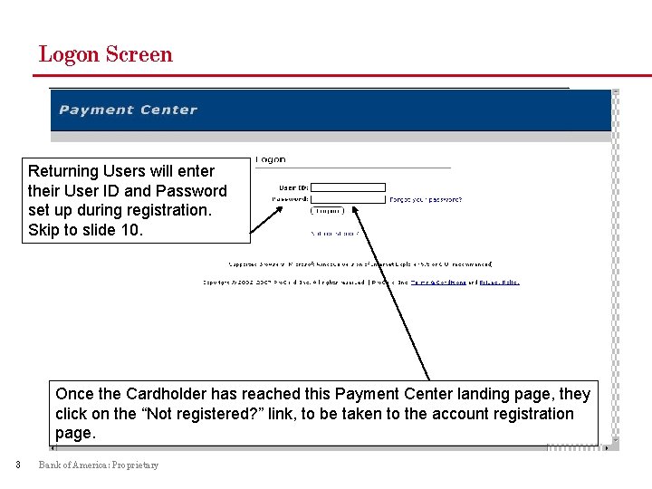 Logon Screen Returning Users will enter their User ID and Password set up during