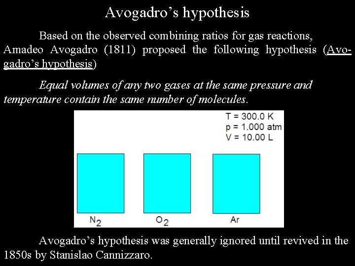 Avogadro’s hypothesis Based on the observed combining ratios for gas reactions, Amadeo Avogadro (1811)