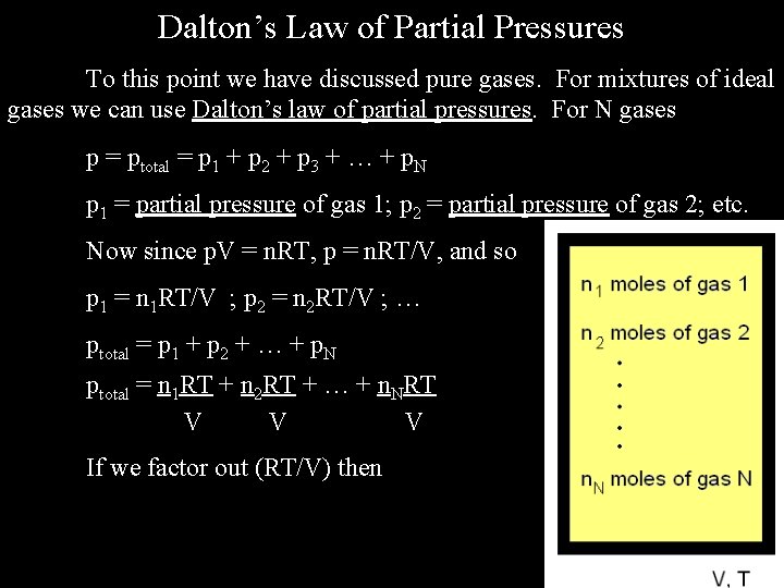 Dalton’s Law of Partial Pressures To this point we have discussed pure gases. For