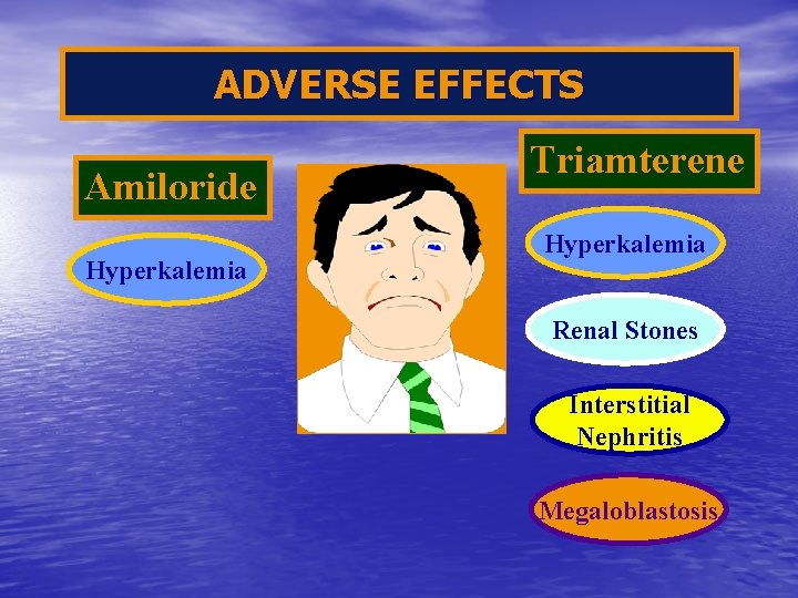 ADVERSE EFFECTS Amiloride Hyperkalemia Triamterene Hyperkalemia Renal Stones Interstitial Nephritis Megaloblastosis 