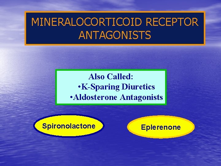 MINERALOCORTICOID RECEPTOR ANTAGONISTS Also Called: • K-Sparing Diuretics • Aldosterone Antagonists Spironolactone Eplerenone 