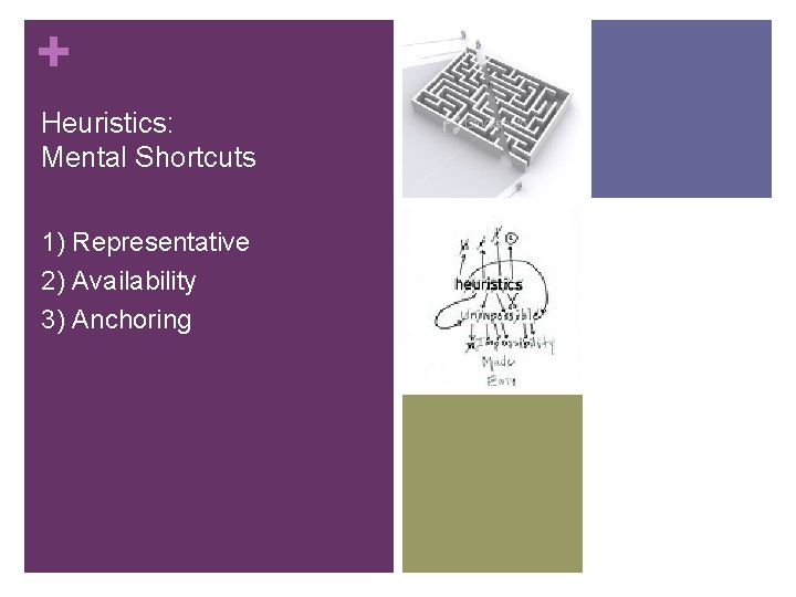 + Heuristics: Mental Shortcuts 1) Representative 2) Availability 3) Anchoring 