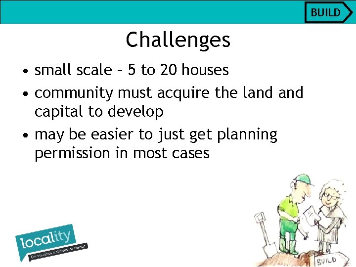 BUILD Challenges • small scale – 5 to 20 houses • community must acquire