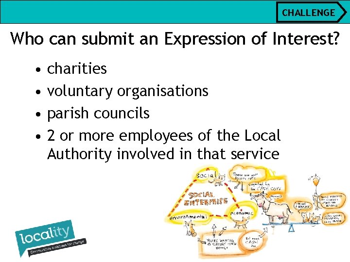 CHALLENGE Who can submit an Expression of Interest? • • charities voluntary organisations parish