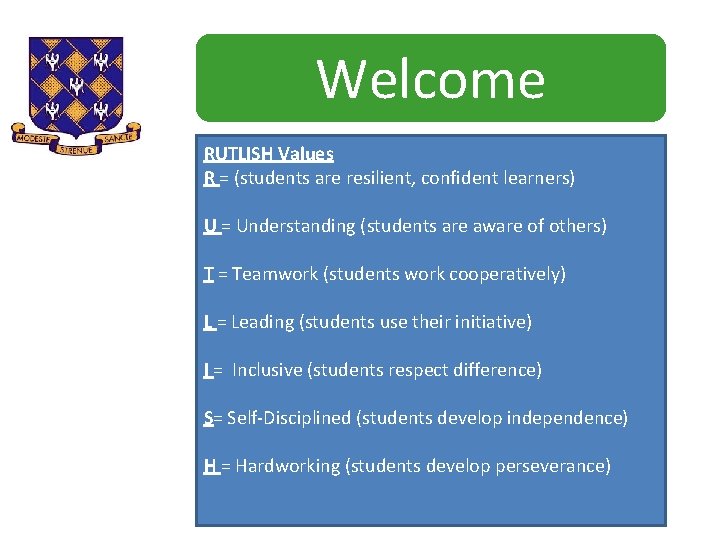Welcome RUTLISH Values R = (students are resilient, confident learners) U = Understanding (students