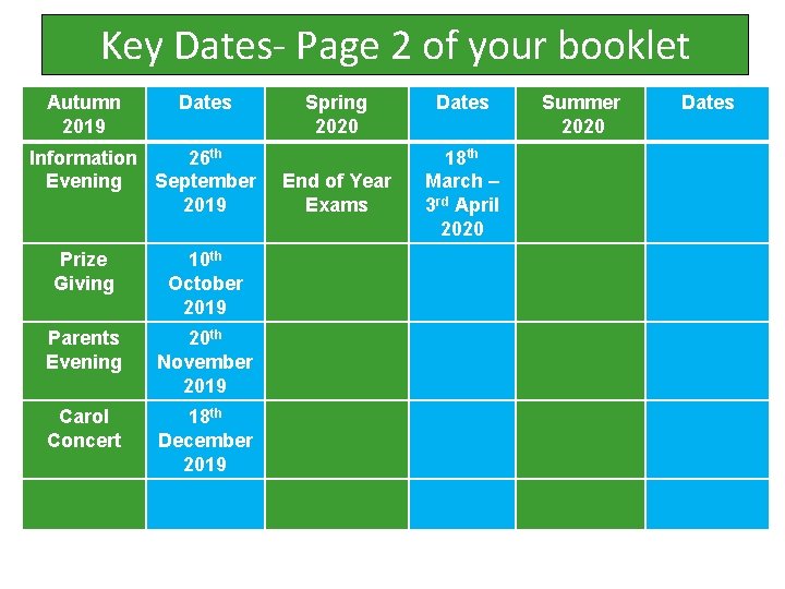 Key Dates- Page 2 of your booklet Autumn 2019 Dates Information 26 th Evening