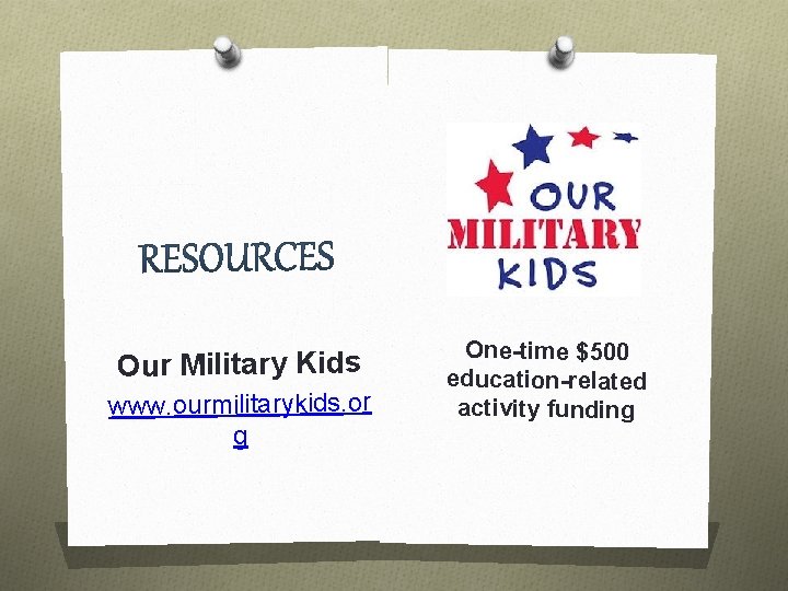 Our Military Kids www. ourmilitarykids. or g One-time $500 education-related activity funding 