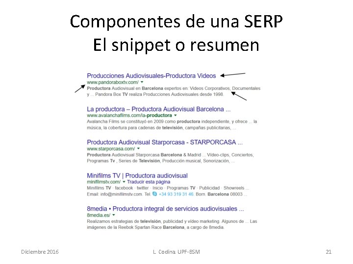 Componentes de una SERP El snippet o resumen Diciembre 2016 L. Codina. UPF-BSM 21