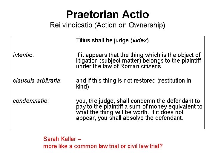 Praetorian Actio Rei vindicatio (Action on Ownership) Titius shall be judge (iudex). intentio: If
